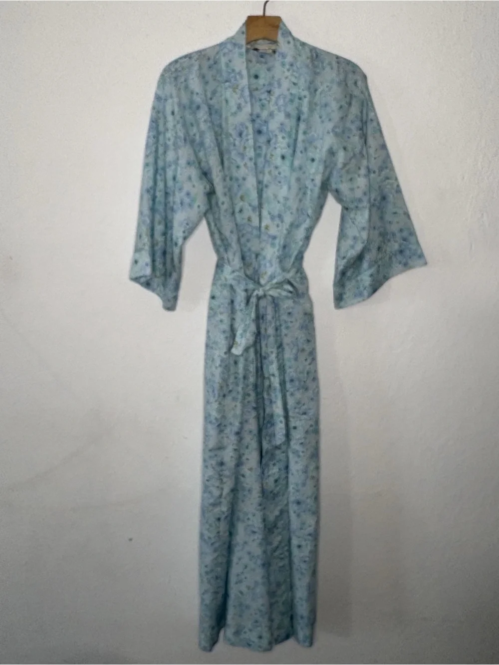 Vintage Christian Dior Lounge Wear Floral Robe Sz L Blue Teal Full Length Pocket